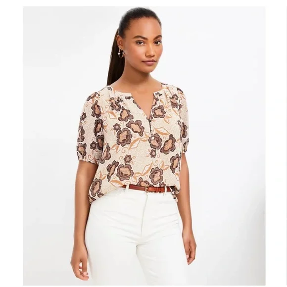 NWT Loft Puff Sleeve Henley Blouse - L - Picture 4 of 5